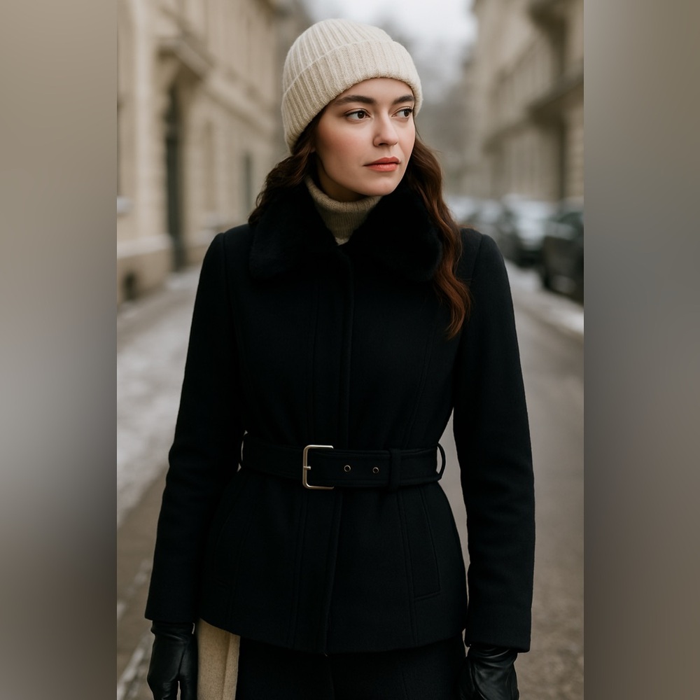 Black Wool Belted Coat with Faux Fur Collar